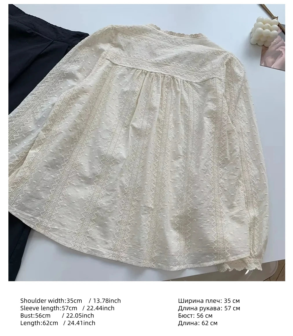 Fall Vintage Cotton Embroidery Lace Hollow Out Long Puff Sleeve Shirt Youth Retro Chic Classy Edwardian Rococo Elegant Blouse