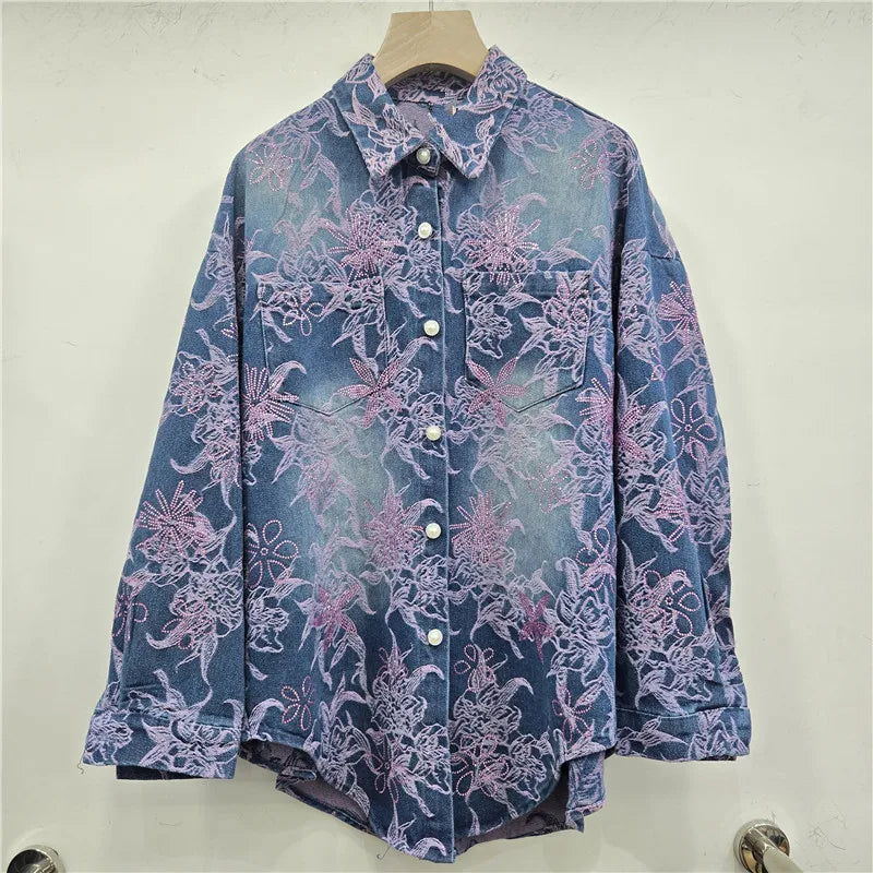2026 Spring Fashion Heavy Jacquard Rhinestone Design Long Sleeve Denim Shirt Jacket For Women Loose Casual Blouse 11A08701