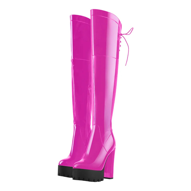 Onlymaker Over The Knee Boots Women Platform Patent Leather High Heel  Zipper Big Size Handmade Fashion Pink Female Boots