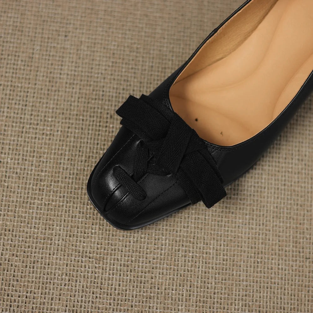 Handmade Genuine Leather Square Toe Mid Heels Butterfly-knot Retro Fashion Breathable Cozy Women Pumps 34-40