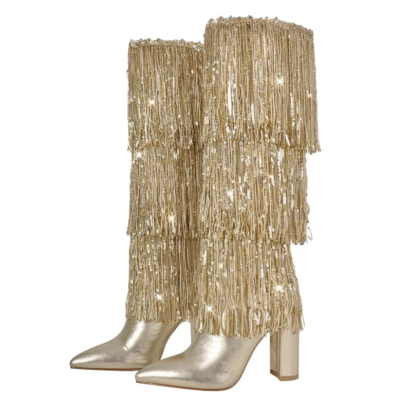 Onlymaker Women Pointed Toe  Sliver Fringe Metallic Slim  Knee Boots  Sexy Dance Chunky  Heel Boots