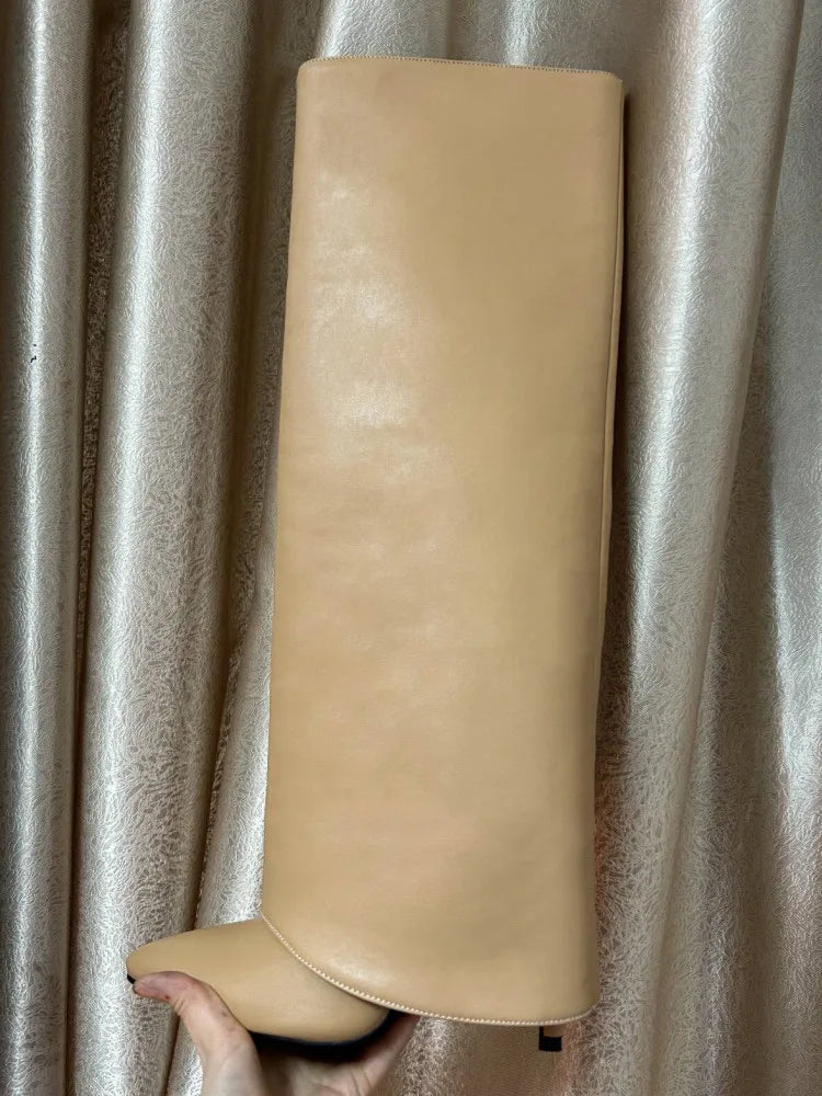 Autumn and Winter New Women's Knee High Leather Boots, Pointed Thin High-heeled Skirt Boots, Black Plus Size Long Boots