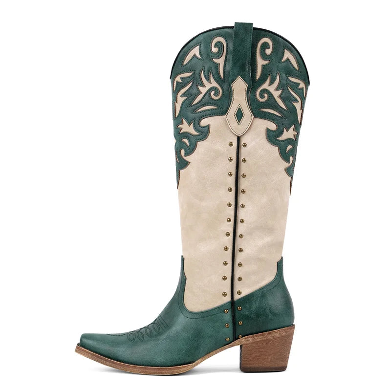Onlymaker Women Pointed Toe Cow print Pull On Knee High Western Cowgirl Boots Chunky Heel Cowboy Boots