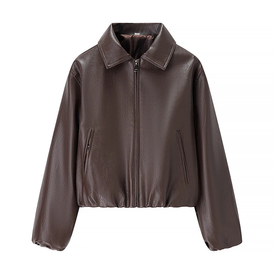 2025 Autumn/Winter New Women's Fashion Style Collar Zipper Long Sleeve Imitation Leather Coat