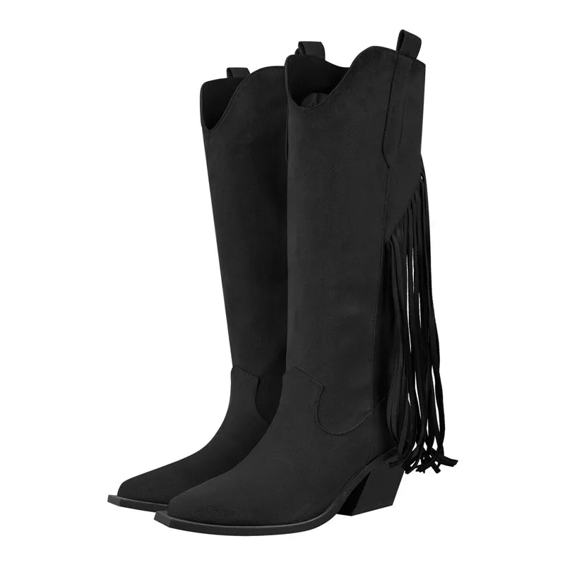 Onlymaker Woman Pointed Toe Black High Wedge Heel Flock Boots Winter Autumn Fashion  Big Size Fringe Boots