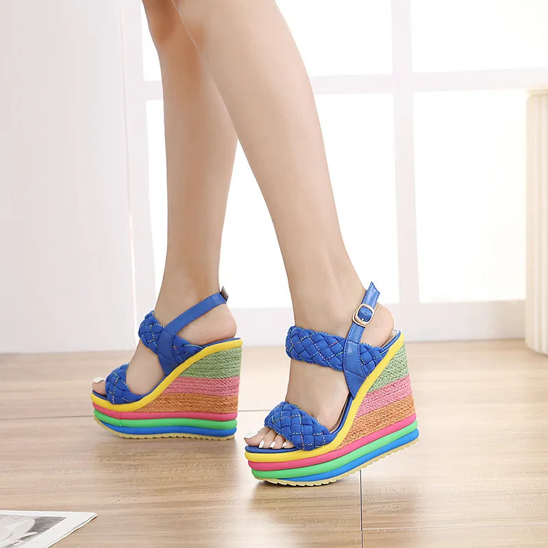 Plus Size 34-43 Shoes for Women Summer 20246Rainbow Wedge Sandals Open Toe Sandalias