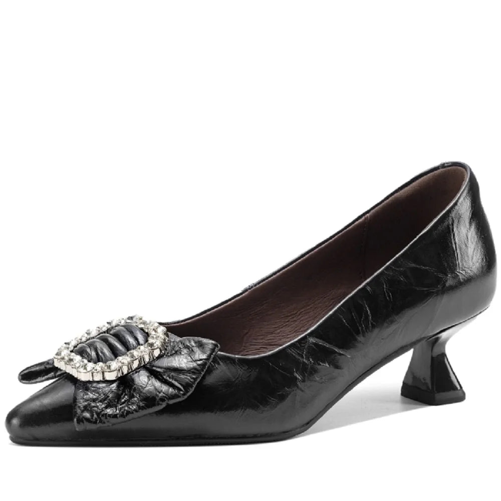 NEW Spring/Autumn Women Handmade Genuine Leather Women Pointed Toe Mid Heel Sweet Bow-knot Shallow Shoes 33-40