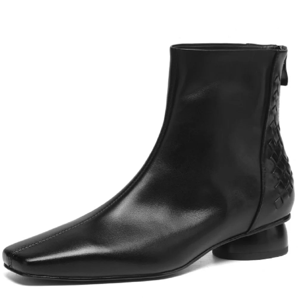 Women Handmade Genuine Leather square toe side zip ankle boot elegant ladies Mid heel daily slim dress 34-40