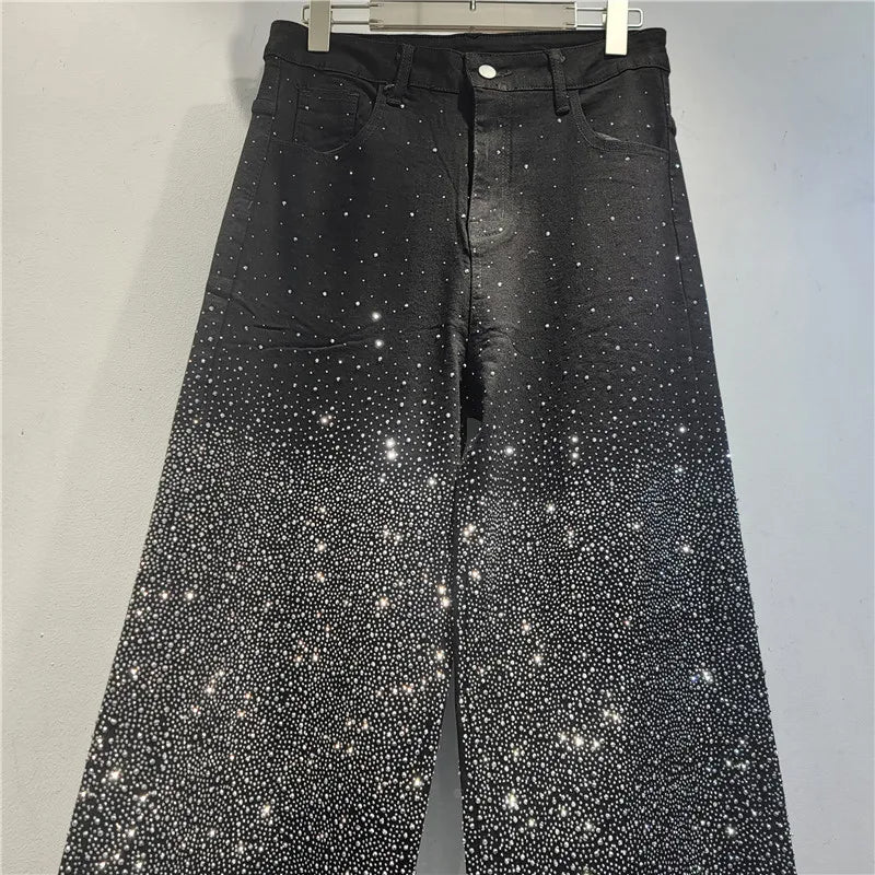 2026 New Fashion Spring Black Denim Pants For Women Glitter Diamonds Blingbling Wide Leg Straight Loose Jeans 29A5692