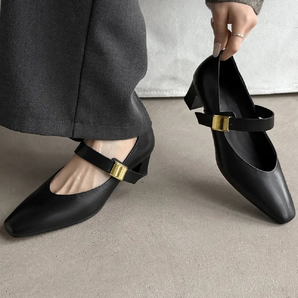 Handmade High Quality Genuine Leather Soft and comfortable Square Head Shallow Mouth Mid Heels Mary Janes Shoes