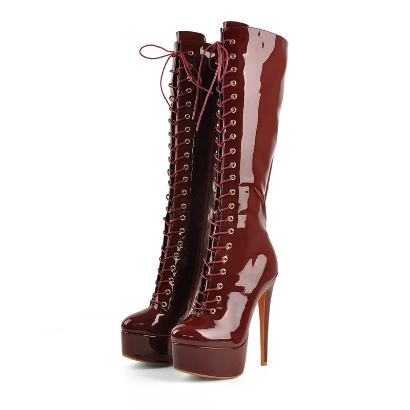 Onlymaker Women The Knee High Boots Platform  Front Lace-Up Thin High Heel Stiletto Stretch Big Size Sexy Woman Boots