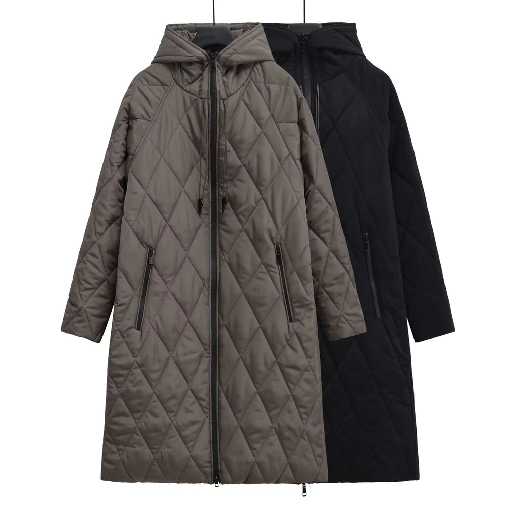 Winter new women's fashion hooded quilted diamond grid medium long cotton clothes casual loose cotton clothes