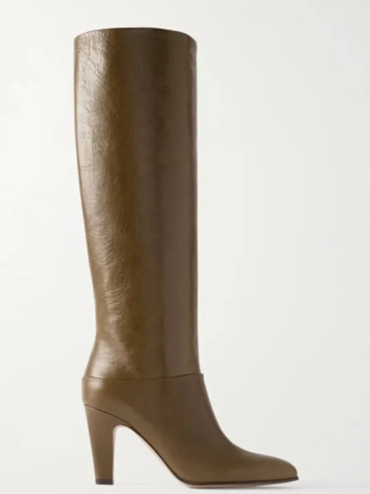 Ladies' Autumn and Winter Knee Length Boots, Round Toe Fashionable Leather Slim Fit High Heels, Size 34-46 Medium Length Boots