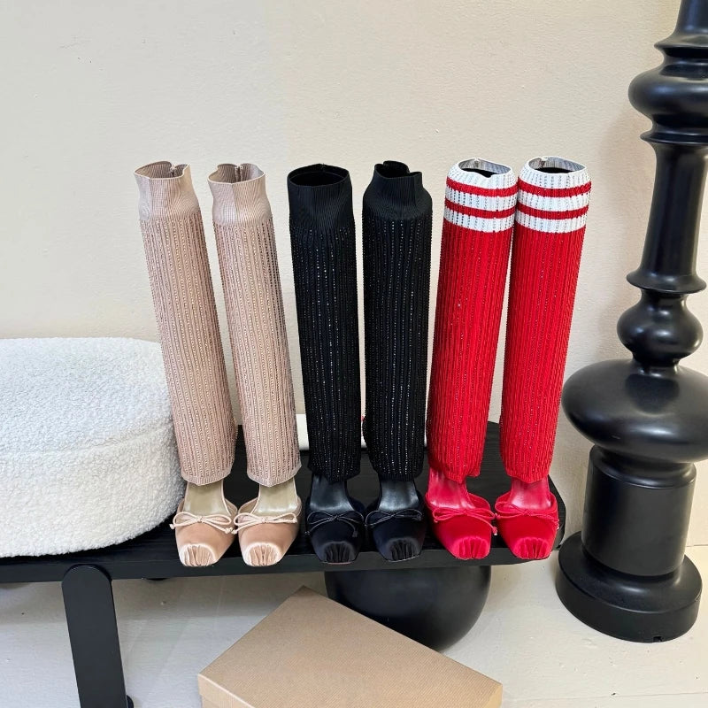 European and American Women's Fashion Square Toe, Slim High Heels, Personalized Pants Legs, Socks, Full Diamond Runway Shoes