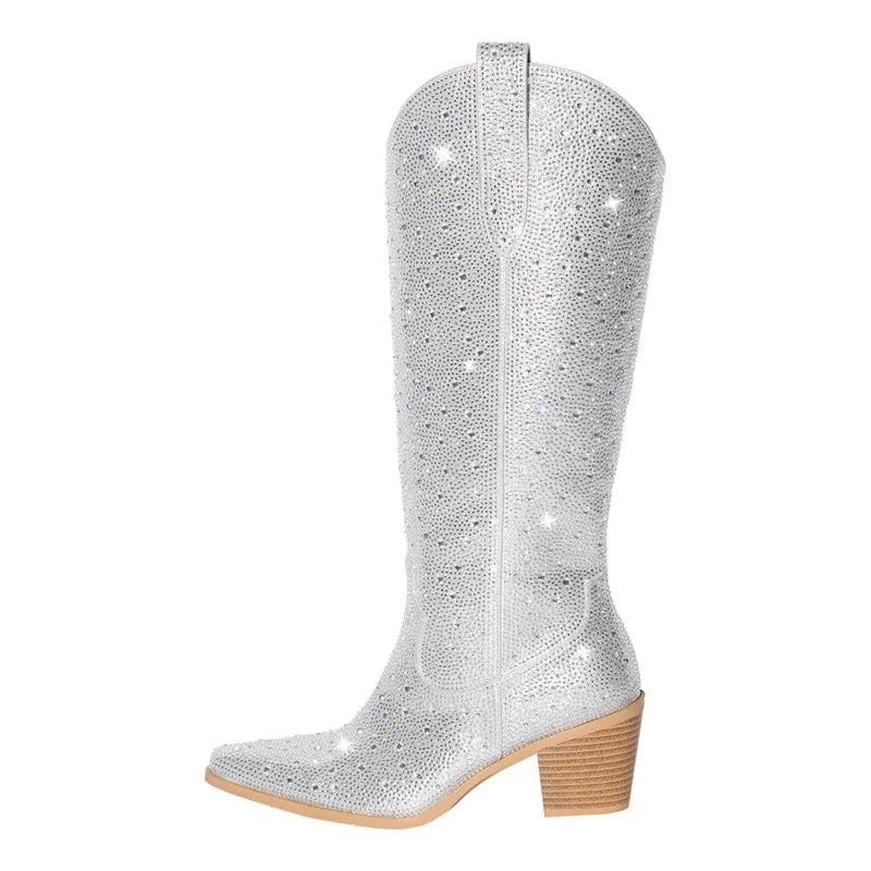 Onlymaker Women Pointed Toe Rhinestone Knee High Western Cowgirl Boots Glitter Bling Shiny  Block Heel Lady Boots