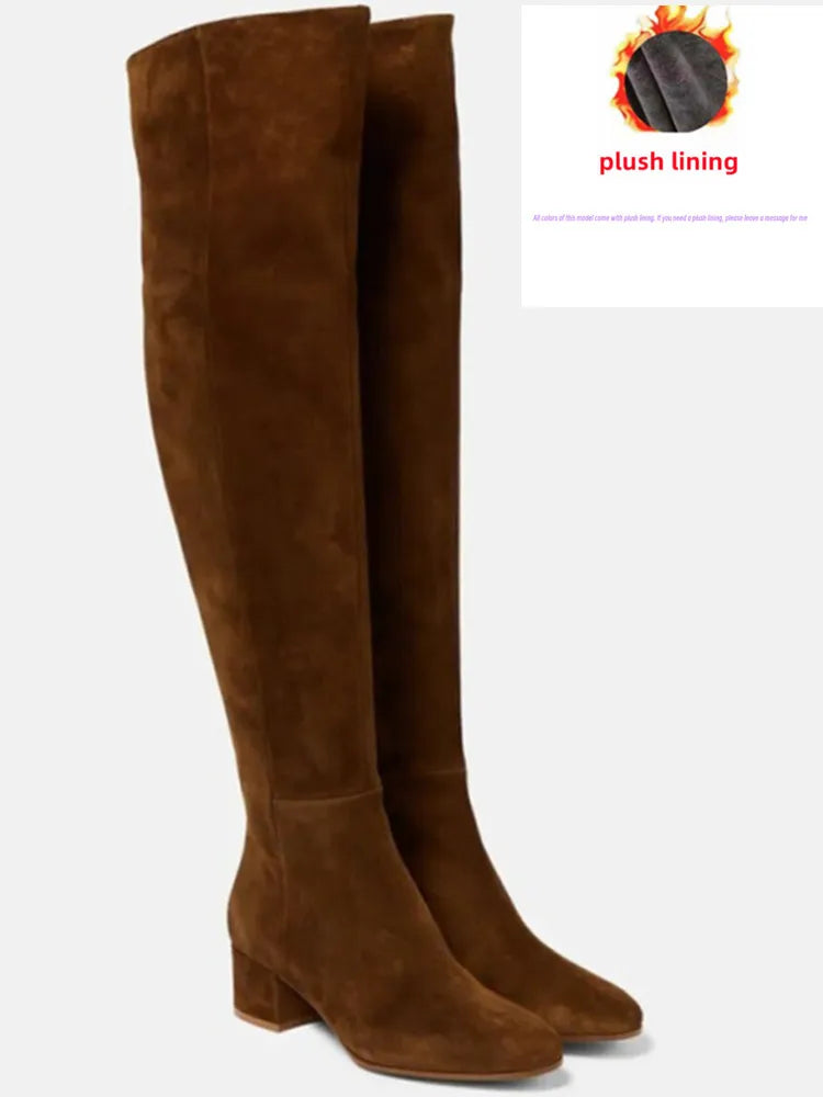 2025 Autumn and Winter New Women's Knee Over Boots Round Head Thick High Heels Side Zipper 34-46 Large Women's Boots