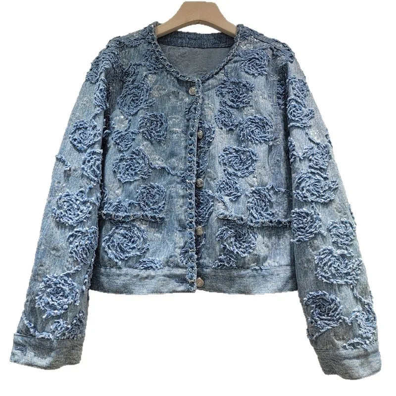 2026 Jeans Jacket Spring New Fashionable Elegant High-end Embroidered Short Denim Jacket For Women O-neck High Waist Coat 11A08304