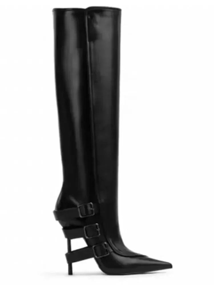 2026 New Belt Buckle Stiletto High Heels Knee Length Boots Autumn/Winter Women's Fashion Pointed Party 34-46 Large Medium Boots