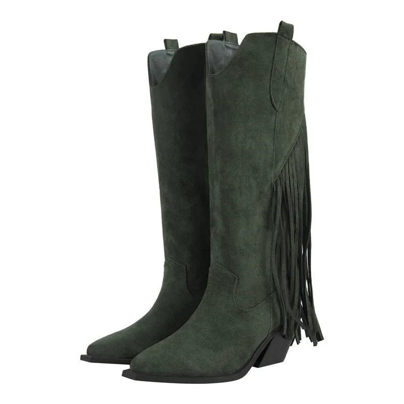 Onlymaker Woman Pointed Toe Black High Wedge Heel Flock Boots Winter Autumn Fashion  Big Size Fringe Boots