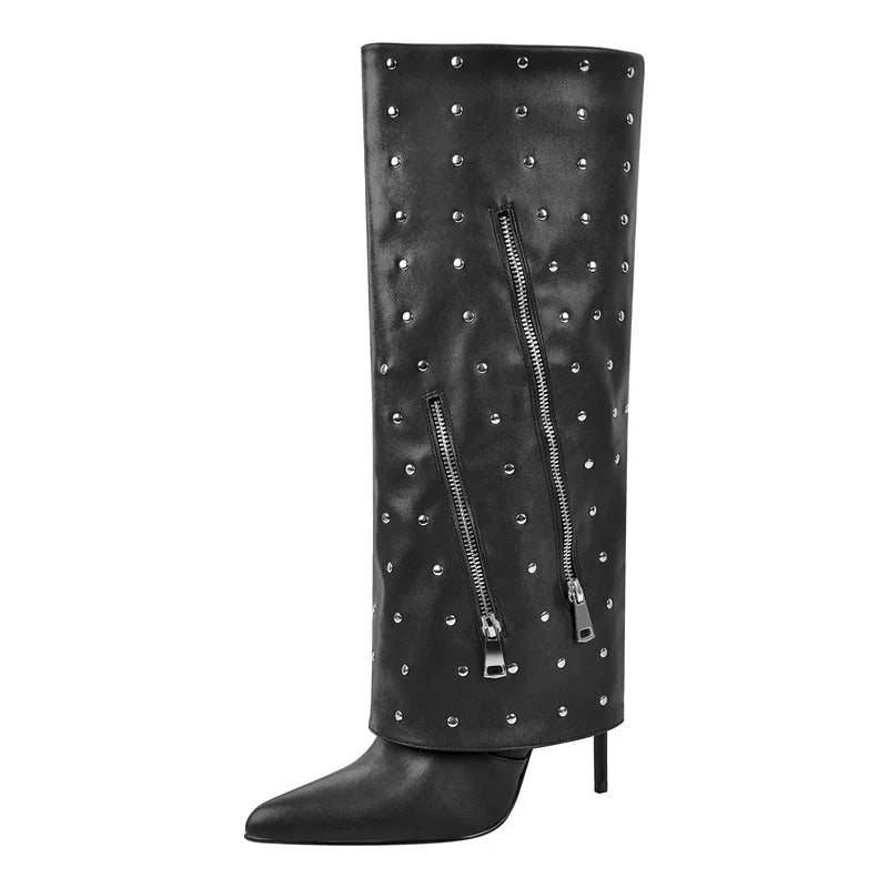 Women Pointed Toe Fold Over Mid-Calf Trouser Tube Slip-On Boots Classic  Pointed Toe Thin High Heels Boots