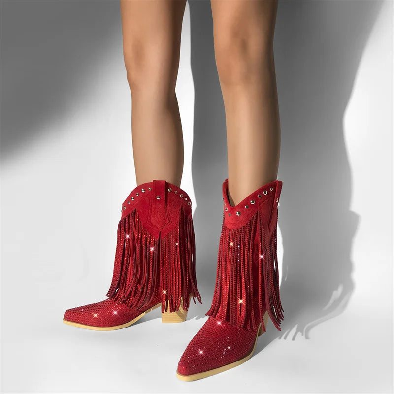 Female Rhinestone Fringe Mid-Calf Cowboy Boots Bling Party Big Size Women Boots