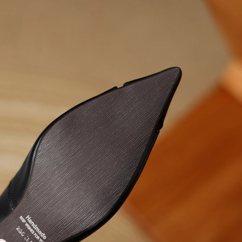 Handmade Genuine Leather Mid Heels Women Pointed Shallow Mouthed Single Shoes Attendant Formal Work Shoes 33-40