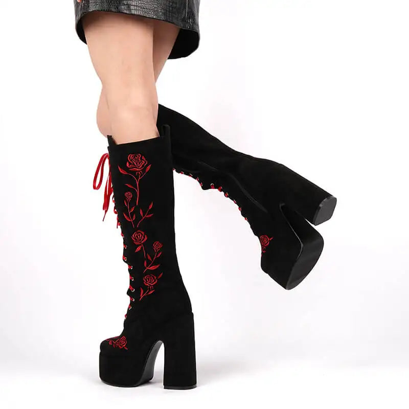 Onlymaker Round Toe Floral Embroidery Platform Boots Chunky Heel Side Zipper Lace-up Knee High Punk Boots