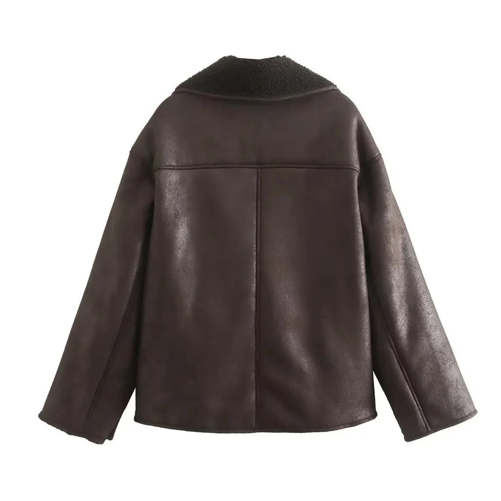 Woman Thick Faux Leather Jackets for Women Autumn Winter Warm Wool Blends Coats Plush Double-sided Jacket Pocket Jacket
