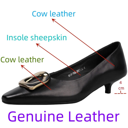 Handmade Genuine Leather Mid Heels Woman's Luxury High-End Elegant Design Commuting Female Color Button Design