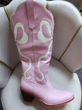 Onlymaker Women White  Pull-on Knee High Cowgirl Boots with Bow  Big Size Comfy Women Cowboy Boots