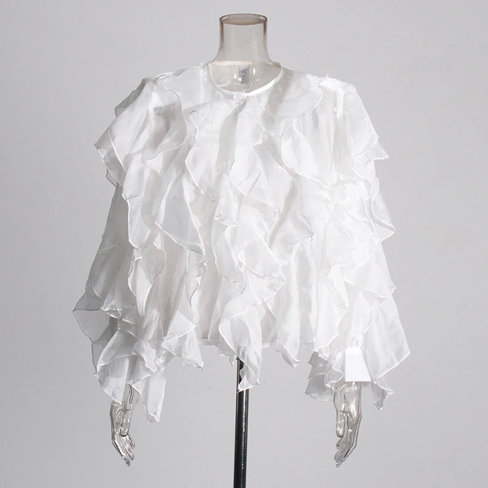 Chic Spliced Ruffles Solid Color Blouse for Women V Neck Long Sleeve Patchwork Sheer Design Loose Shirt Female Fashion Style