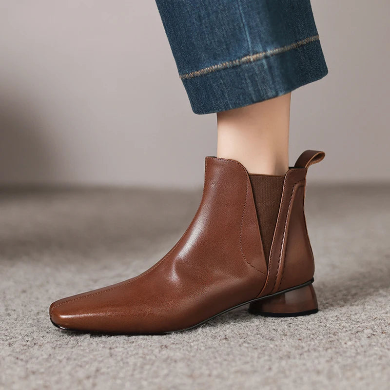 Women Handmade Genuine Leather Soft and comfortable Short Boots Square Toe Retro Street Style Winter Boots 34-40