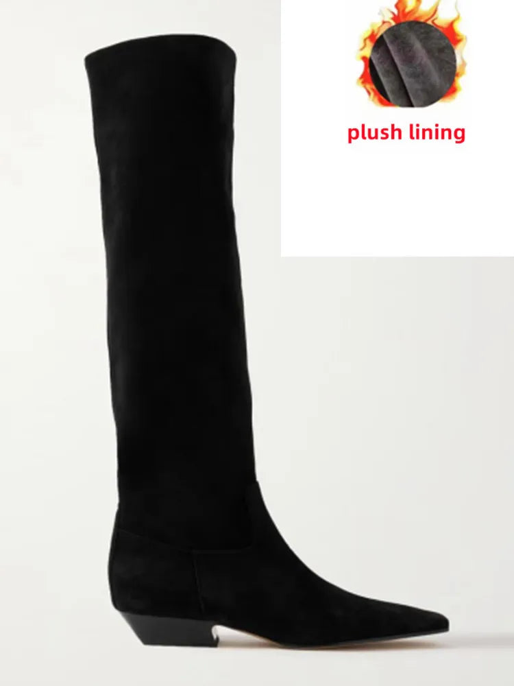 2026 Ladies' Low Heel Knee High Women's Boots Autumn and Winter Square Toe Leather Fashionable 34-46 Large Mid Length Boots