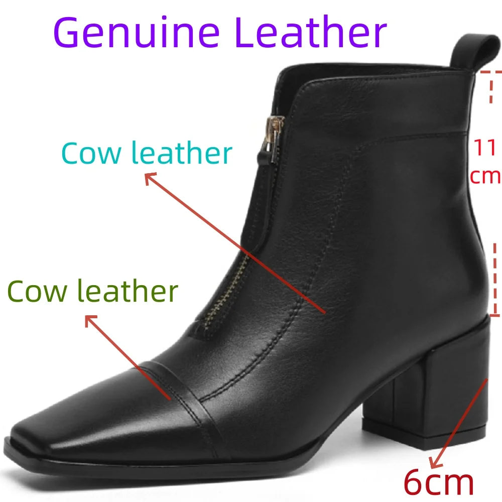 New Women Handmade Genuine Leather Soft comfortable High Heels Ankle Boots Square Toe Short Elegant Short 34-40