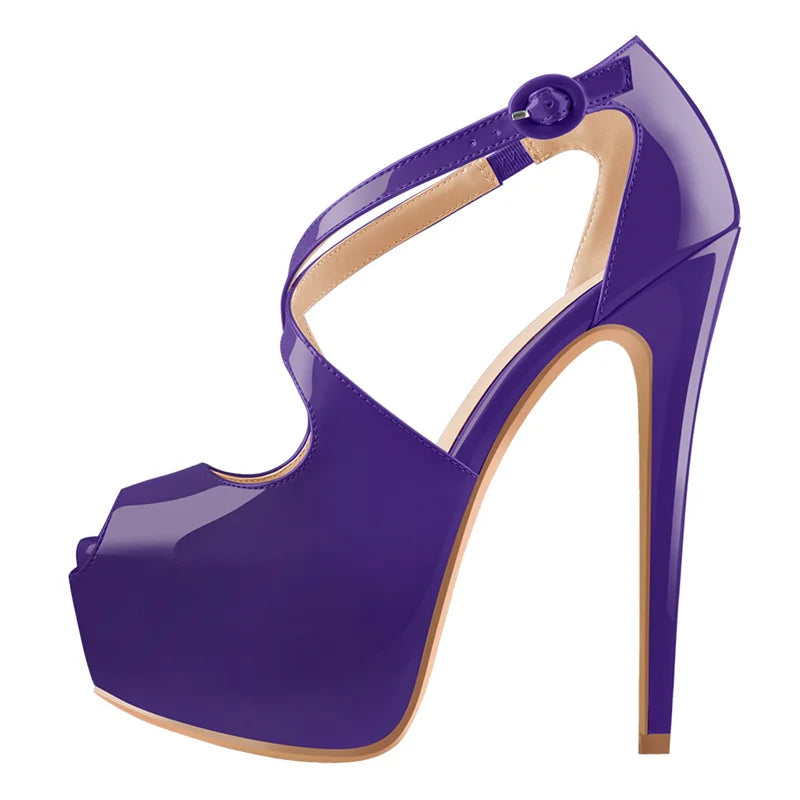 Women Peep Toe Platform Cross Strap Heels 16cm Thin High Heel Sexy Wedding Party Dress Stilettos Big Size Pumps