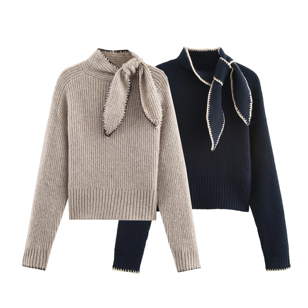 2025 Winter New Sweet and Fashionable Stand up Collar Long Sleeve Bow Decoration Knitted Sweater for Women