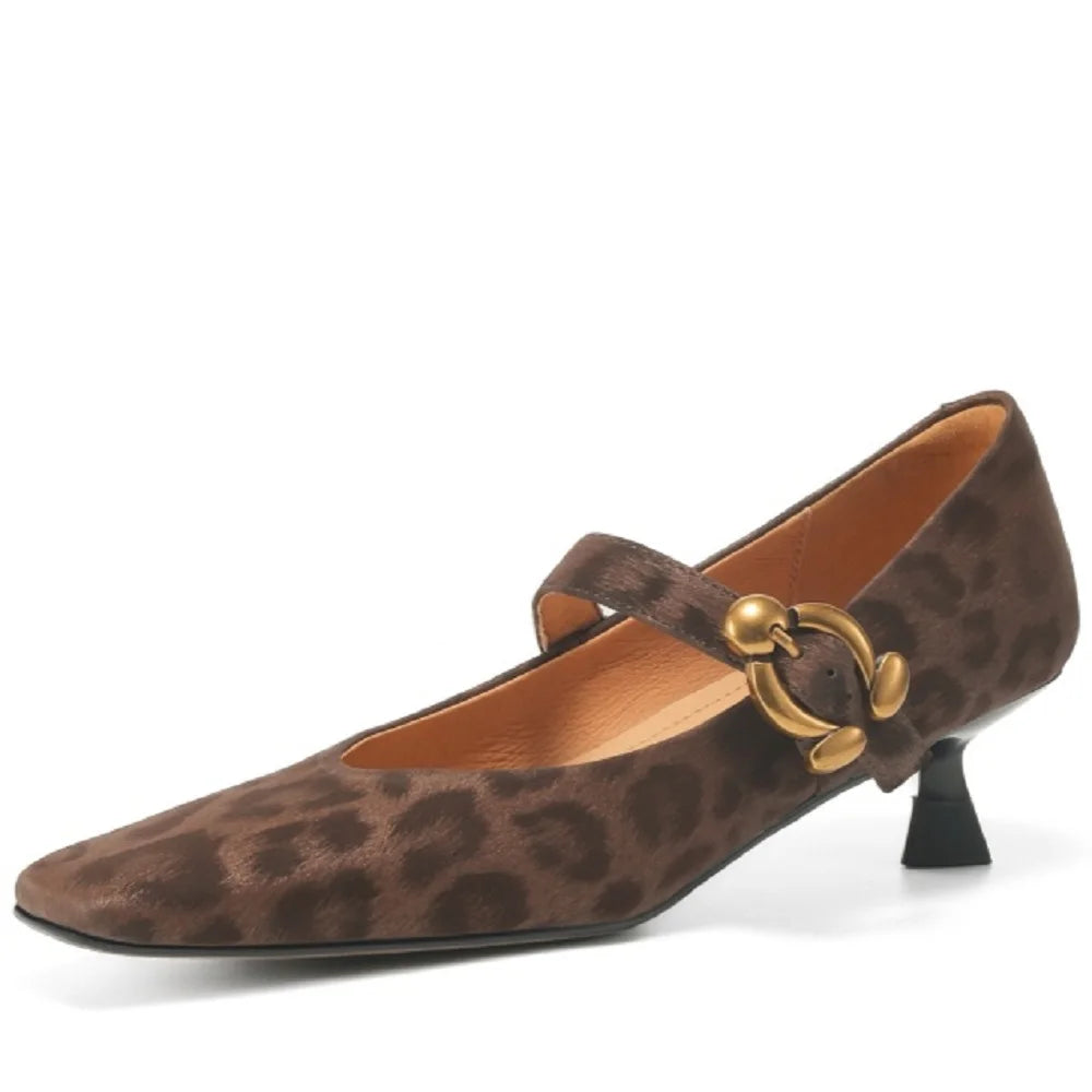 new women's leopard Handmade sheepskin 4cm thick med heel elegant ladies OL style daily dress heeled shoes 34-40