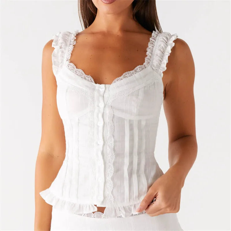 Y2k Ruched Button Up Crop Top 00s Cute Aesthetic Lace Trim T-shirt Vintage Cap Sleeve Milkmaid Tees Women Streetwear