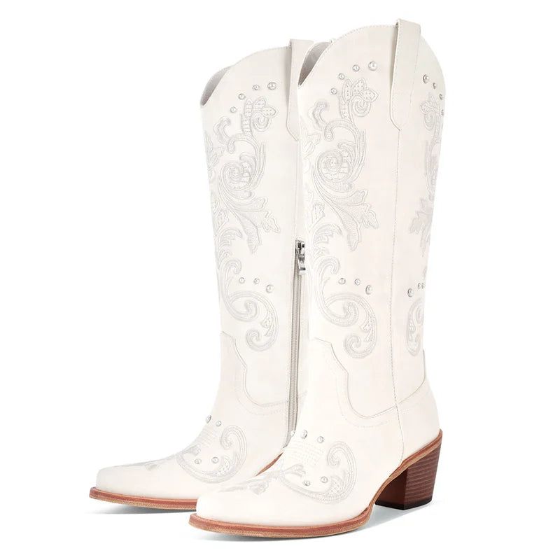 Onlymaker Women Pointed Toe White Pearl Embroidery Cowboy Boots Mid Calf Side Zipper Pearls Wedding Western Cowgirl Boots