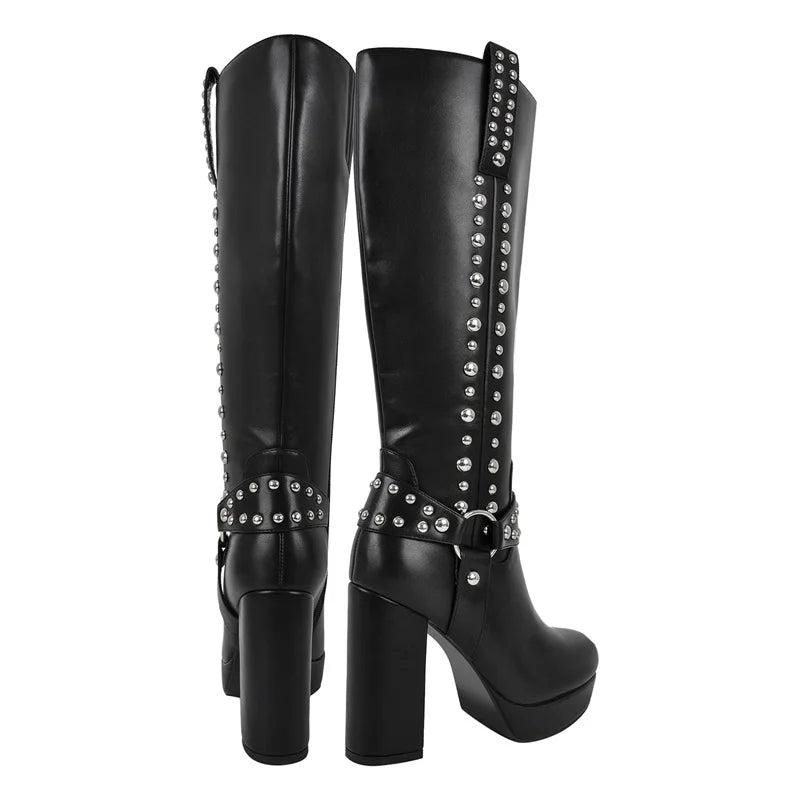 Onlymaker Women Round Toe Platform Knee High Boots Chunky Heel Side Zipper Metal Rivet Decoration Buckle Motorcycle Boots