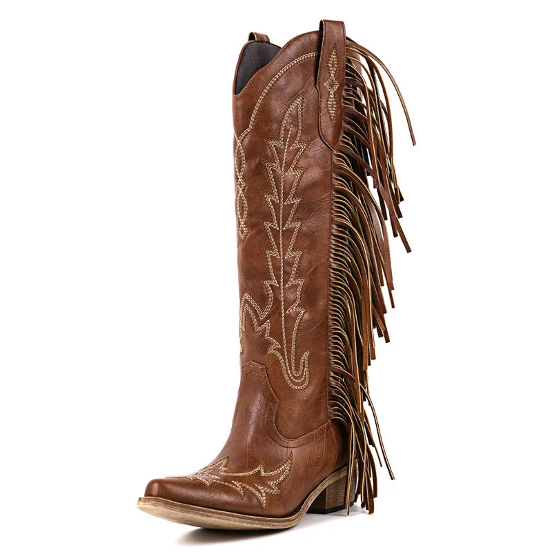 Onlymaker Women Pointed Toe Fringe Side Zipper Retro Western Cowgirl Boots Fringed Chunky Heel Embroidery Cowboy Boots
