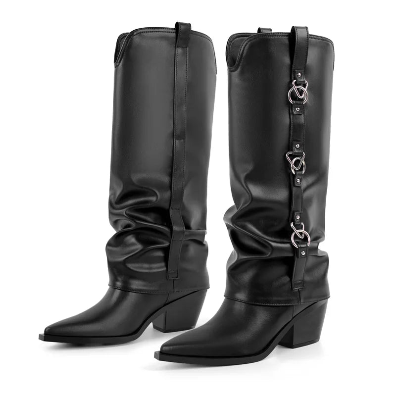 Onlymaker Women Black Matte Pointed Toe Fold Over Knee High Buckle Fashion  Western Boots