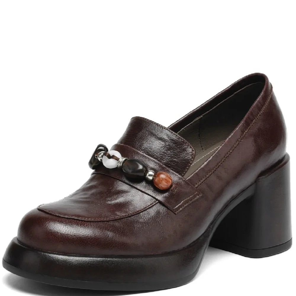 Vintage Soft Genuine Leather Shoes Women Loafers Spring Thick Sole Platform Shoes Single for Office Work 34-40
