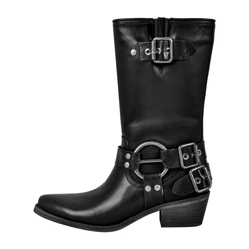 Onlymaker Women Pull on Metal Decor Buckle Low Block Heels Boots Wide Knee High Riding Cowgirl Harness Western Cowboy Boots