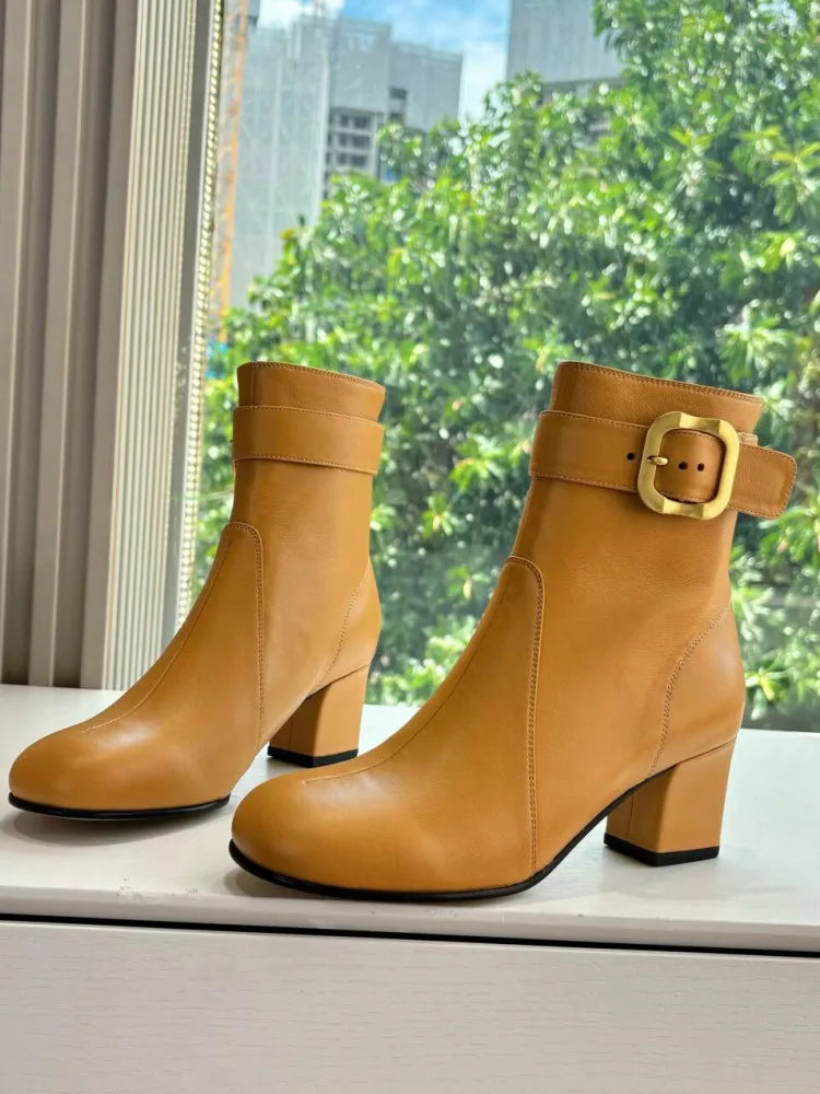 Women's New Thick High Heels Knee High Boots Autumn and Winter Round Toe Buckle Fashionable Mid Heel Boots Women's Short Boots