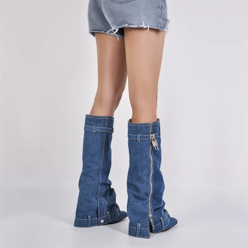 Onlymaker Woman Denim Shark Lock Pants Boots Wedge Fold Knee High Heel Handmade Brand Female Boots