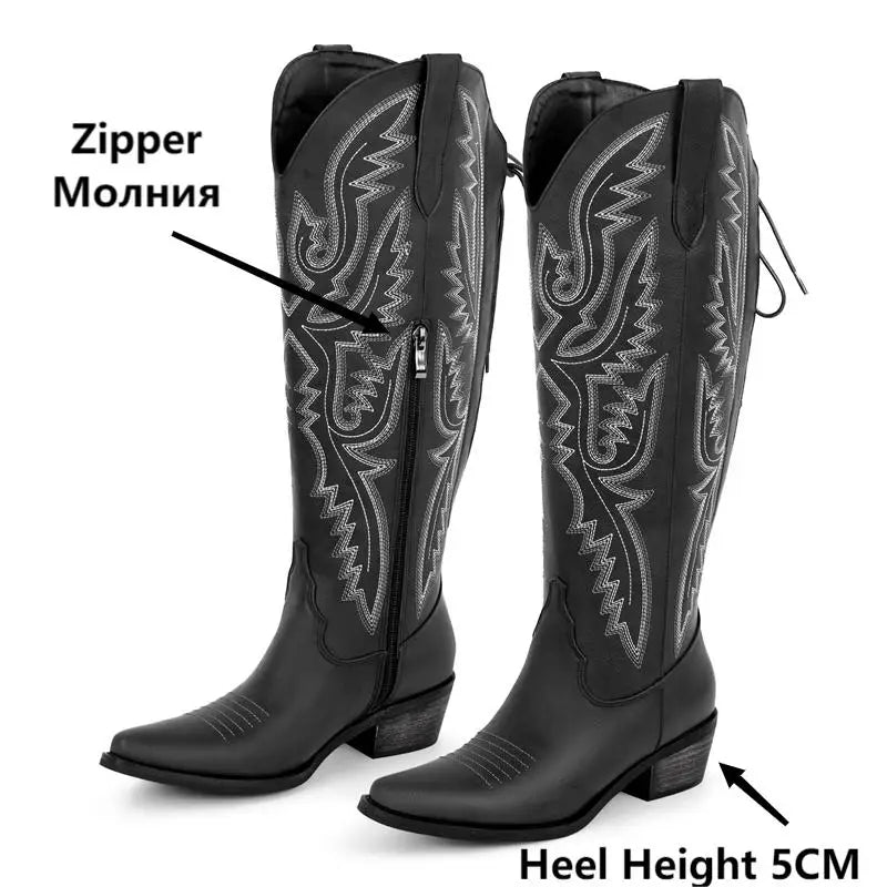 Onlymaker Women Pointed Toe Side Zipper Embroidered Western Cowboy Boots Block Heel Cowgirl Booties