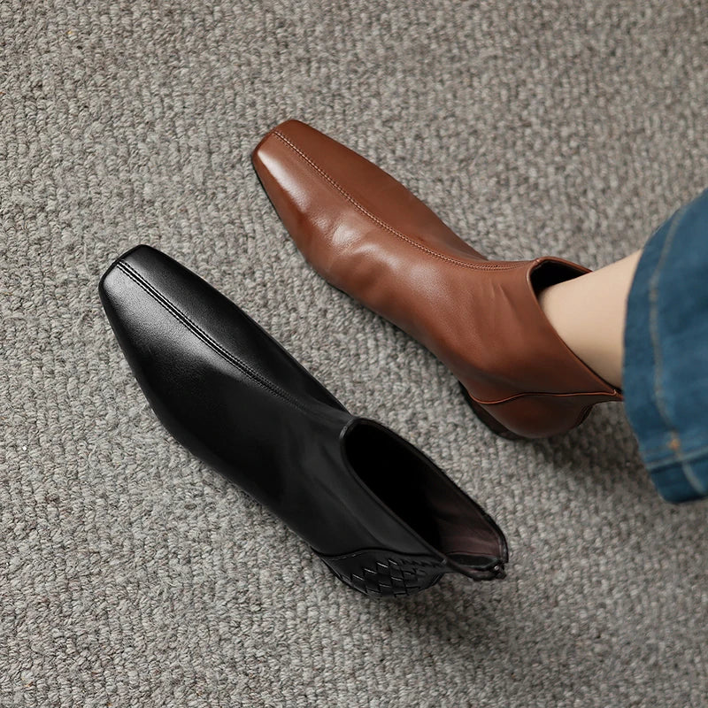 Women Handmade Genuine Leather square toe side zip ankle boot elegant ladies Mid heel daily slim dress 34-40