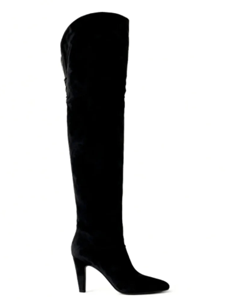 2026 Autumn and Winter Women's Thick High-heeled Knee High Boots, Round Headed Cowhide Suede Fashionable Women's Plus Size Boots
