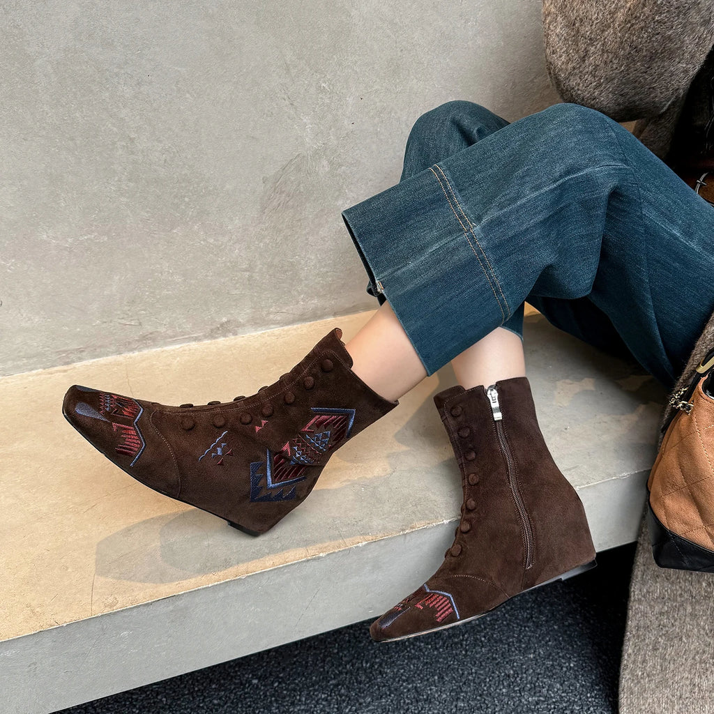 Handmade Genuine Leather Embroidered Boots Tube Low Heel Women Footwear Winter Season Square Toe Slope Heel 33-40